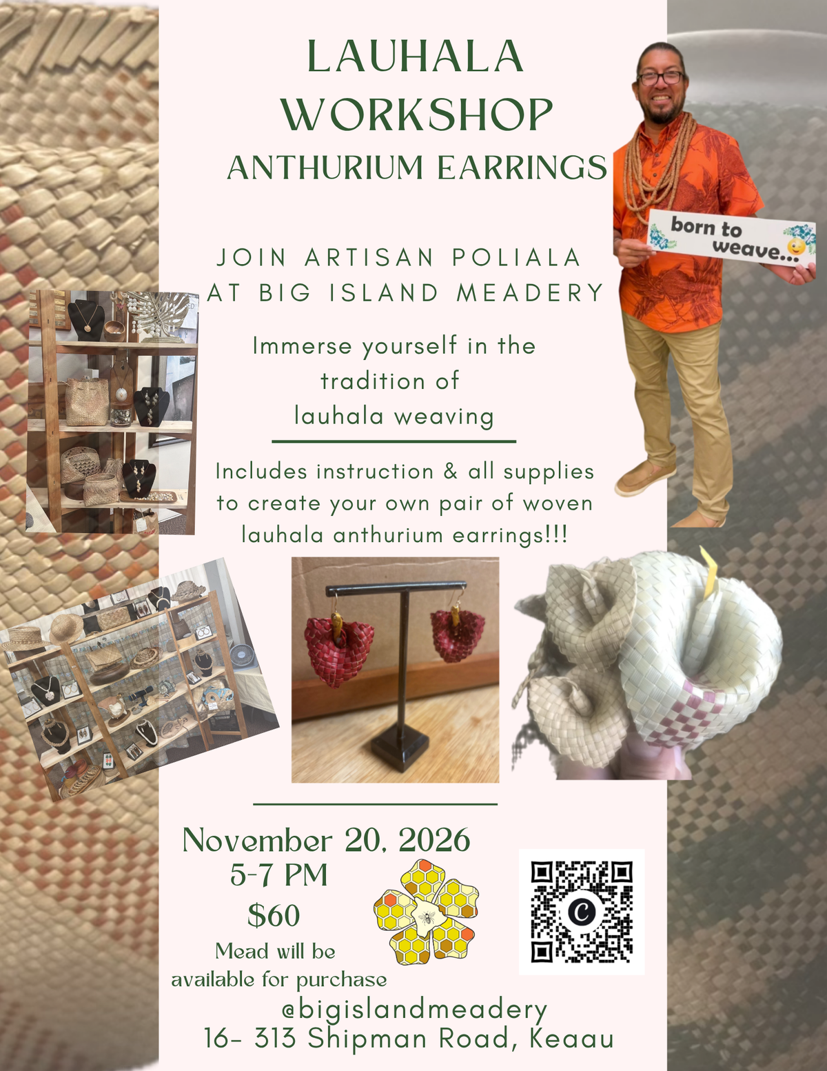 Lauhala Workshop - Anthurium Earrings - 11-20-26